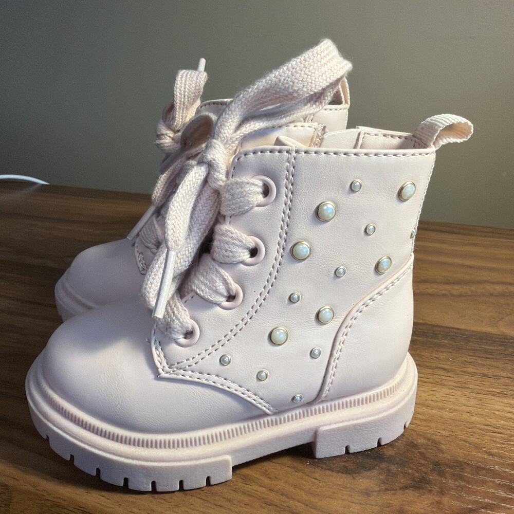 Cat & Jack Combat Boots Amaya Toddler Girls Sz 5 Pink Pearl Lace Up Zip